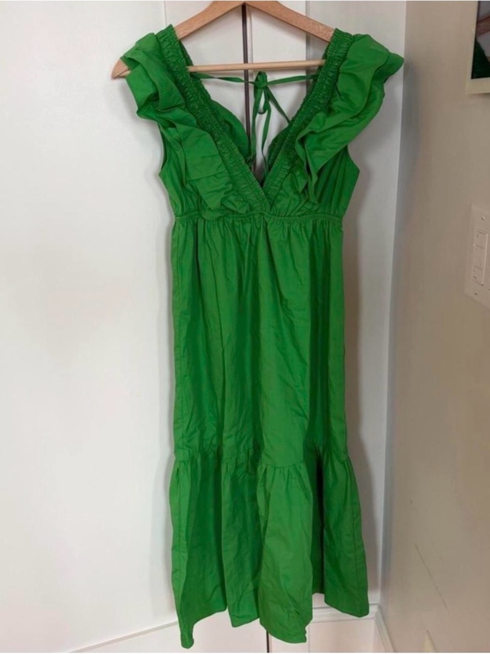 NWT Aiblee Green Ruffled Cotton Maxi Dress Size Small Smocked Straps V-Neck